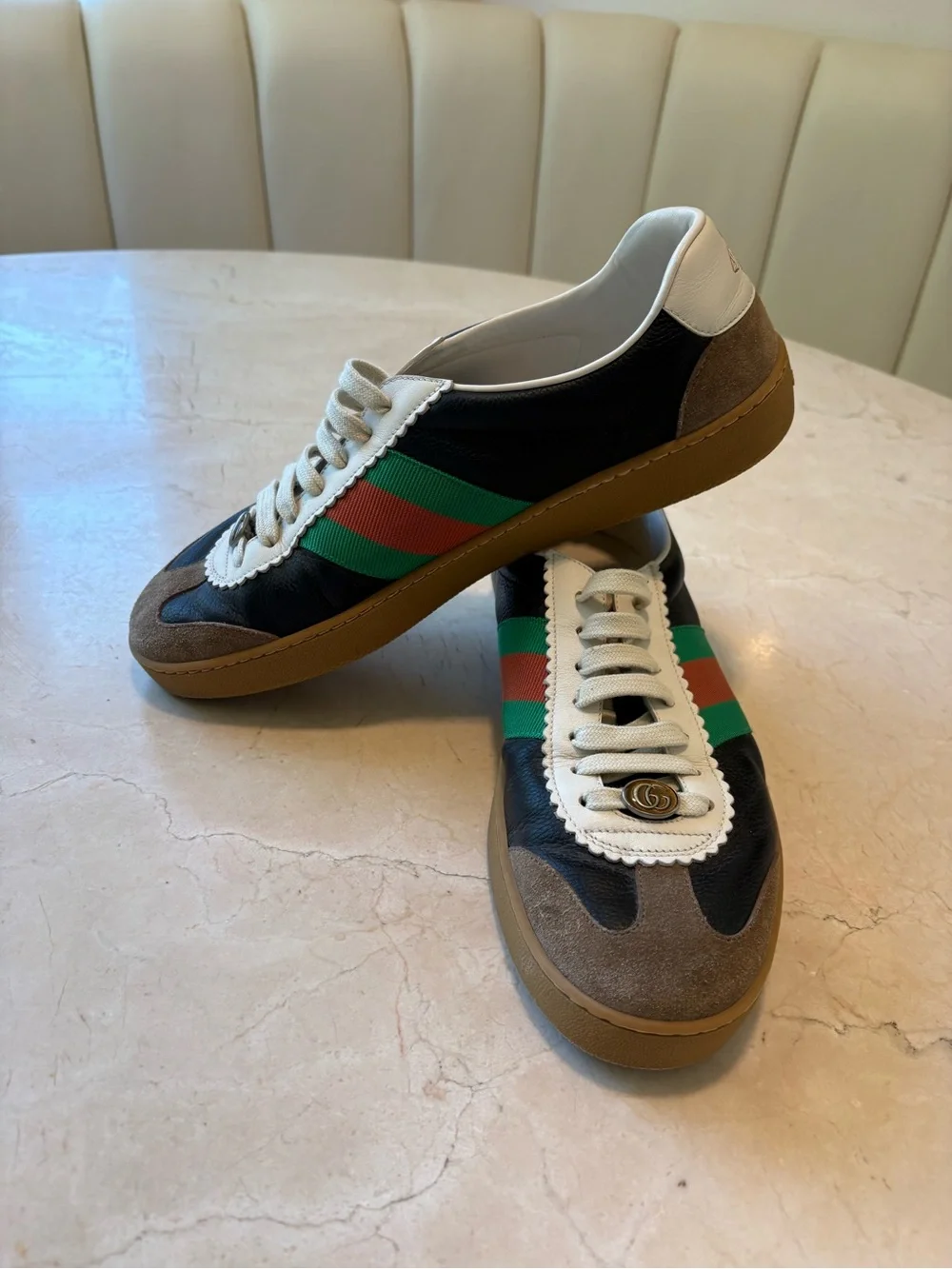 Gucci G74 Black Leather Sneakers with Green & Red Web Stripe